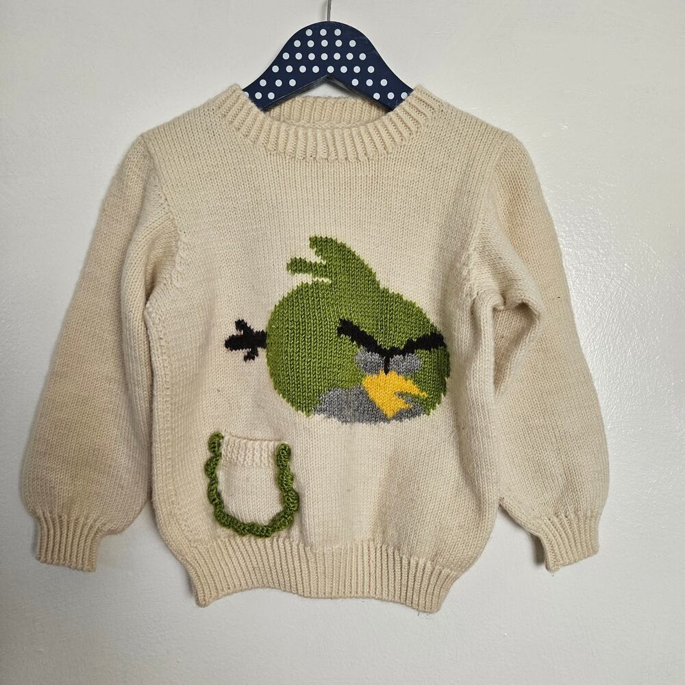 Handmade Angry‎ Birds Toddler 5 5T Sweater Ivory Green Hal Hand Knit